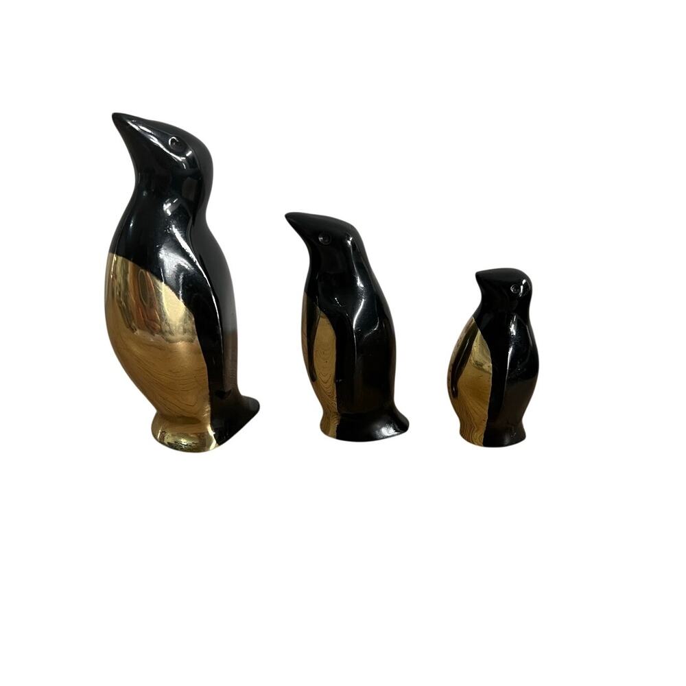 Vintage Mid-Century Brass & Black Enamel Penguin Figurines Set -3 Made In Korea